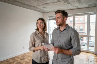 Couple visitant un appartement vide à vendre, examinant l'état des murs et du plafond avec un carnet de notes