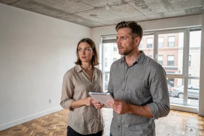 Couple visitant un appartement vide à vendre, examinant l'état des murs et du plafond avec un carnet de notes