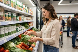 Femme choisissant des légumes biologiques dans un rayon de supermarché Carrefour pour faire des courses saines et économiques