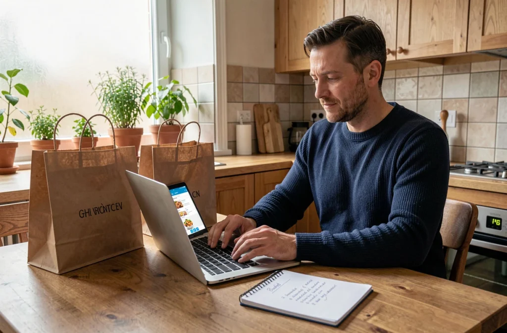 Homme planifiant ses courses en ligne bio sur un ordinateur portable avec un budget alimentaire écrit sur papier dans une cuisine moderne