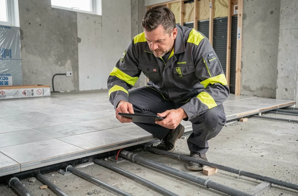 Technicien Cunin Ets vérifiant un plancher chauffant dans une maison en Lorraine