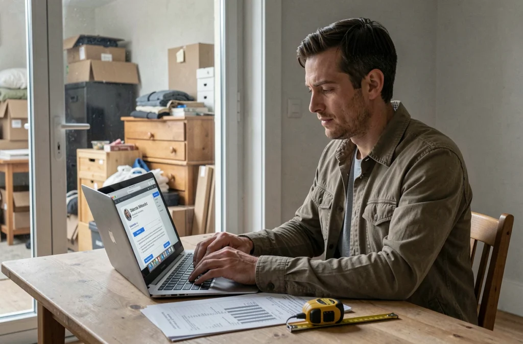Professionnel de Débarras.fr préparant un devis en ligne depuis un bureau avec vue sur un intérieur encombré