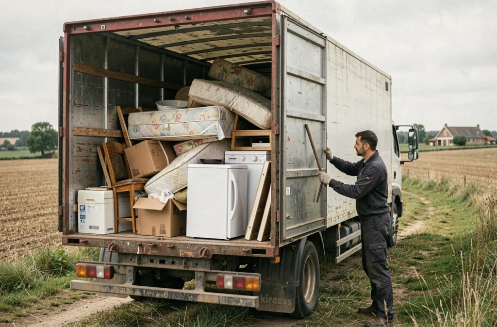 Camion de Débarras Total rempli de meubles et appareils usagés lors d'une intervention en milieu rural en Seine-et-Marne