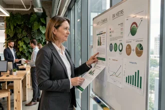 Directrice d'entreprise présentant une stratégie de responsabilité écologique devant un tableau de bord environnemental dans un bureau moderne avec mur végétal