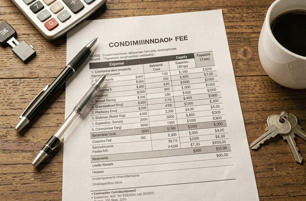 Vue aérienne d'un bureau avec les documents de charges de copropriété, une calculatrice, un stylo et des clés d'appartement