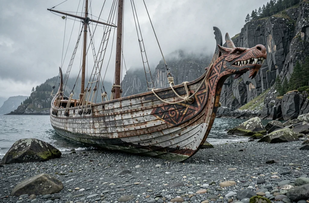 Drakkar viking reconstitué avec proue en dragon amarré sur un fjord norvégien, coque en bois à rivets de fer et motifs géométriques