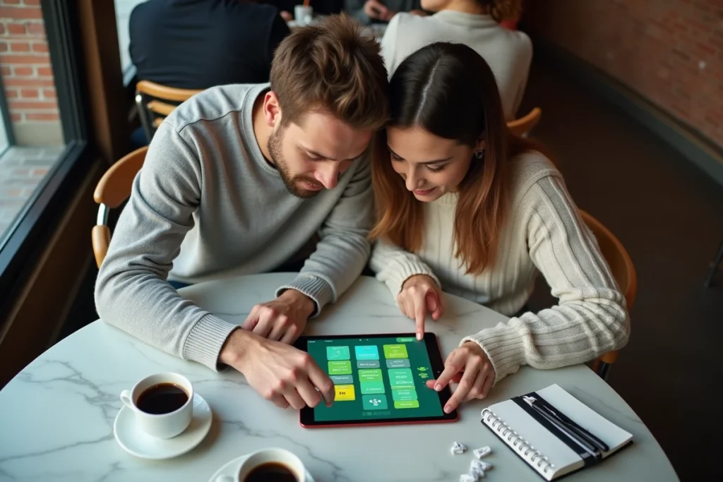 Deux joueurs collaborant autour d'une tablette dans un café pour décrypter les indices de couleurs du jeu Pédantix ensemble