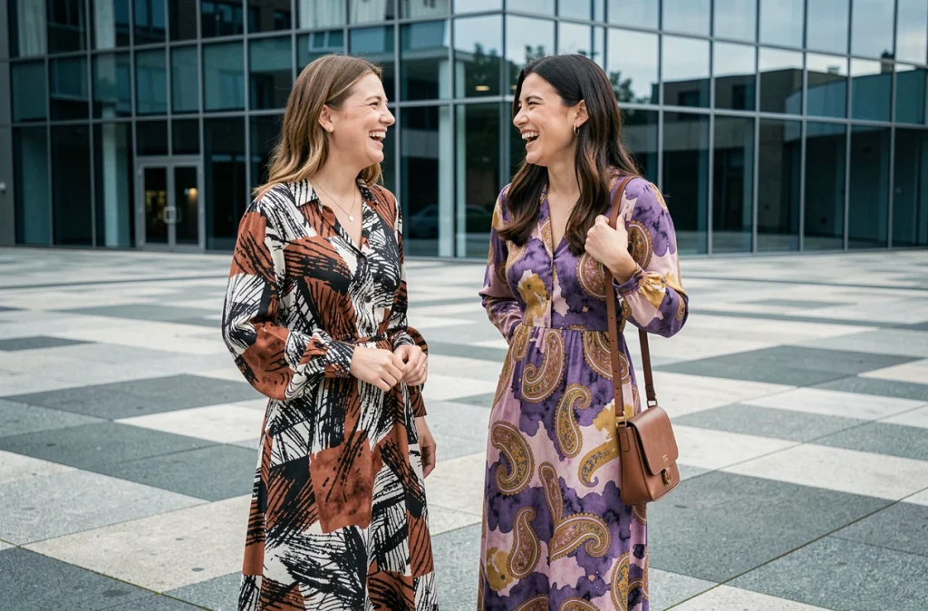 Deux femmes riant ensemble sur une place urbaine moderne, chacune portant une robe longue imprimée aux motifs contrastés
