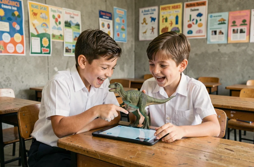 Deux écoliers partageant une tablette en réalité augmentée pour observer un dinosaure en 3D dans leur salle de classe