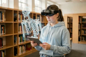 Adolescente utilisant un casque de réalité augmentée pour étudier l'anatomie humaine dans une bibliothèque scolaire moderne