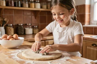 Jeune fille de 8 ans découpant des biscuits dans de la pâte avec un emporte-pièce sur un plan de travail en bois de cuisine familiale