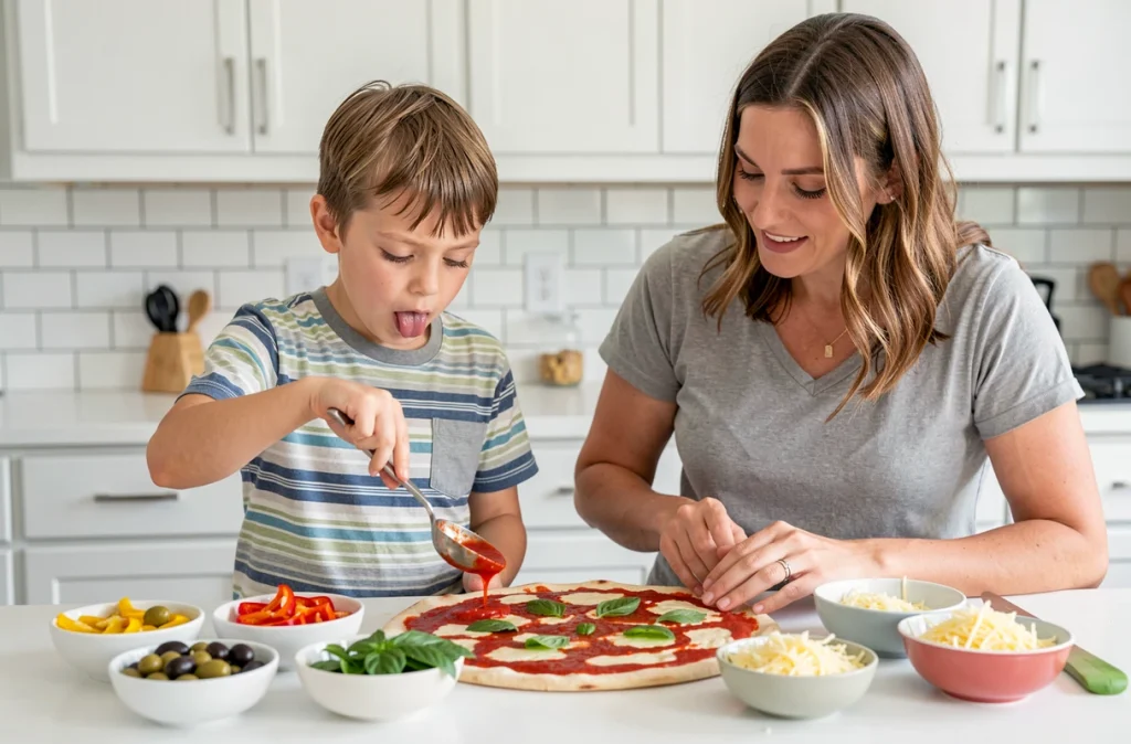 Garçon de 10 ans et sa mère préparant une pizza maison colorée avec des garnitures variées dans une cuisine moderne