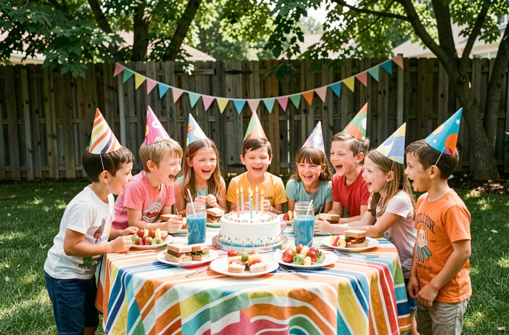 Groupe d'enfants joyeux autour d'un gâteau d'anniversaire décoré lors d'une fête en plein air