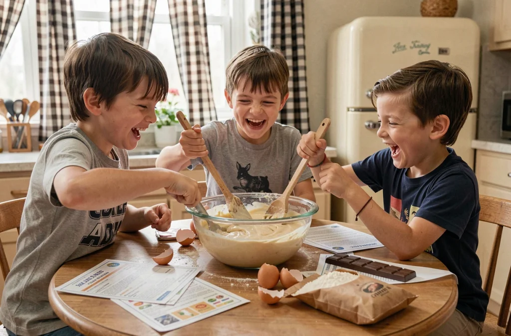 Trois enfants riant et mélangeant une pâte à gâteau au chocolat ensemble autour d'une table de cuisine conviviale