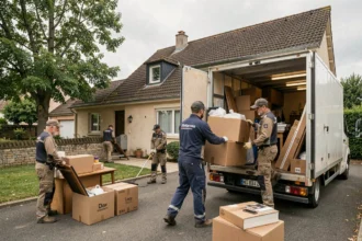 Équipe professionnelle de débarras chargeant des meubles et cartons dans un camion devant une maison en Seine-et-Marne