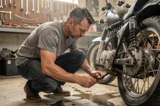 Mécanicien inspectant la chaîne de sa moto dans un garage avant l'été