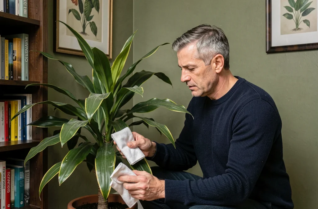 Homme entretenant un grand dracaena dans un bureau à domicile pour purifier l'air intérieur