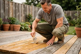 Homme appliquant de l'huile protectrice sur une terrasse en bois avec une brosse, entretien annuel du bois extérieur