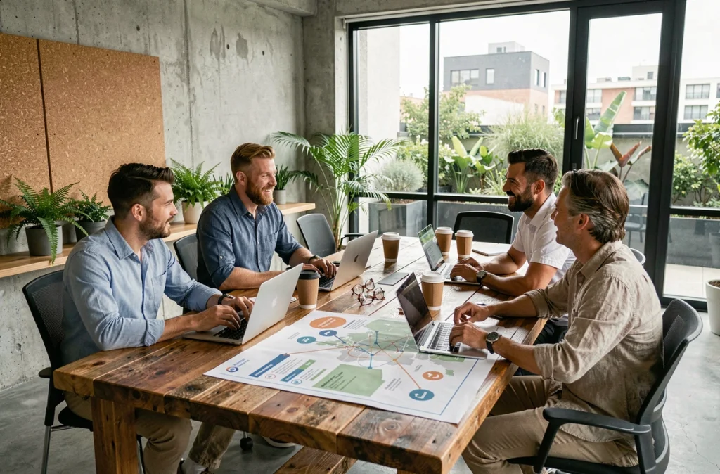 Équipe de professionnels collaborant sur une stratégie d'entreprise durable autour d'une table en bois recyclé dans un espace de coworking écologique