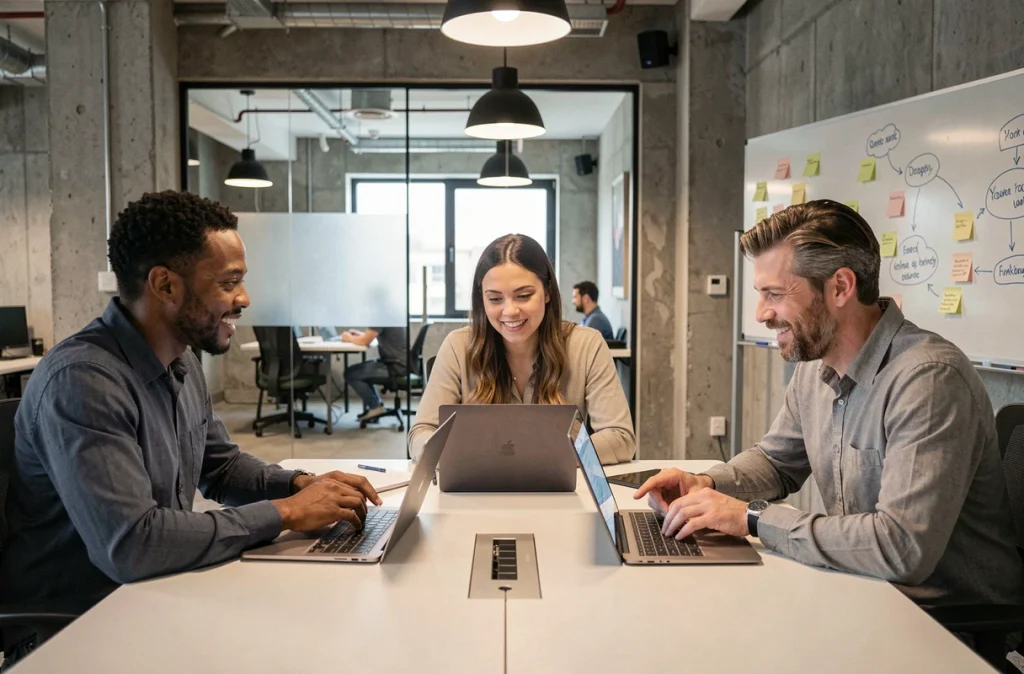 Équipe de professionnels collaborant en réunion grâce au stockage en nuage partagé sur leurs appareils connectés