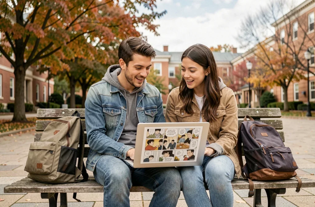 Deux étudiants consultant ensemble un scan One Piece sur un ordinateur portable en plein air sur un campus