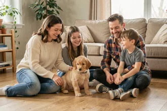 Famille avec parents et enfants réunis autour d'un chiot golden retriever dans un salon chaleureux