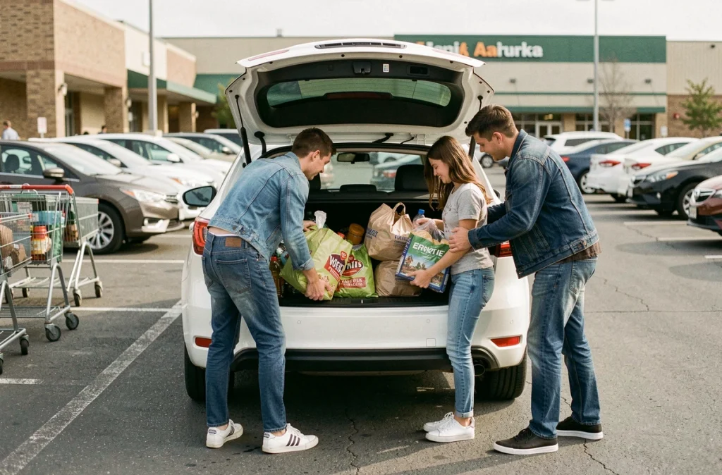 Famille chargeant des courses dans le coffre d'un break hybride blanc dans un parking de supermarché