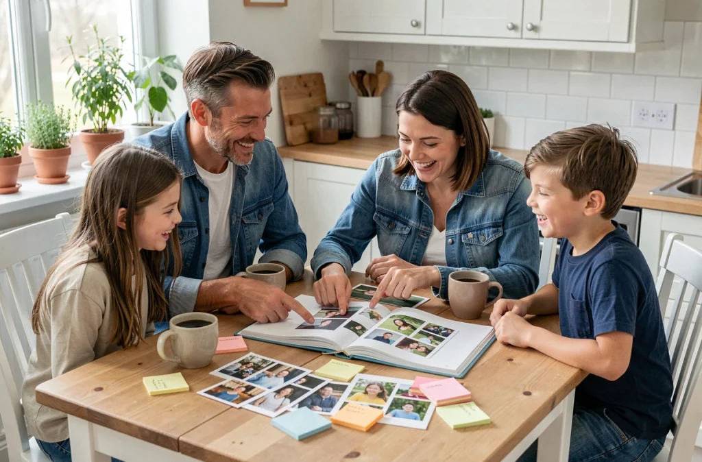 Famille réunie autour d'une table pour créer ensemble un album photo personnalisé souvenir