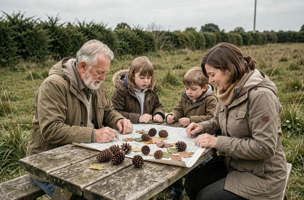 Famille multigénérationnelle étudiant une carte en plein air dans une prairie, activité nature intergénérationnelle en campagne