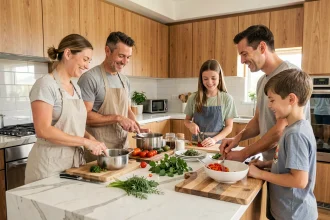 Une famille de quatre personnes partageant les tâches de cuisine ensemble dans une cuisine moderne, renforçant la cohésion familiale