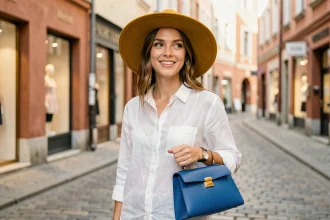 Femme portant un chapeau jaune moutarde et un sac bleu cobalt dans une rue pavée européenne, illustrant comment adopter les accessoires colorés au quotidien
