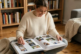 Femme parcourant un album photo personnalisé en famille dans un salon cosy et chaleureux