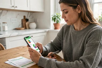 Femme utilisant une application mobile de gestion de budget sur son smartphone à la table de cuisine