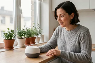 Femme utilisant un assistant vocal intelligent dans une cuisine moderne au design scandinave