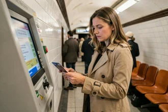 Femme consultant un automate de vente de titres de transport dans le métro parisien, zones 1 à 3