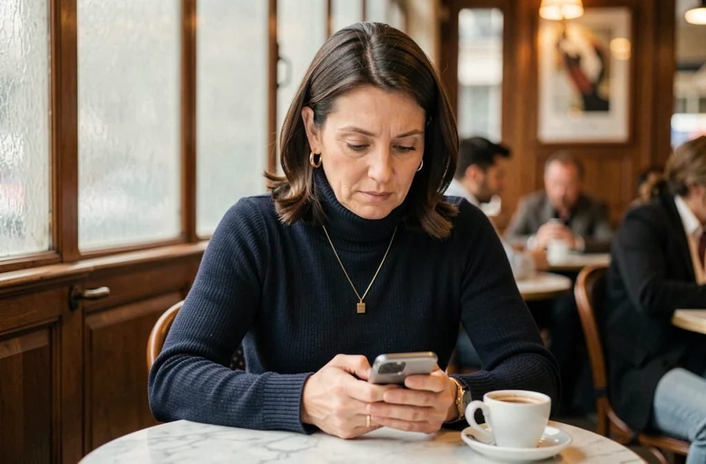 Femme pensive dans un café parisien consultant son téléphone, illustrant la gestion de l'intimité à l'ère numérique