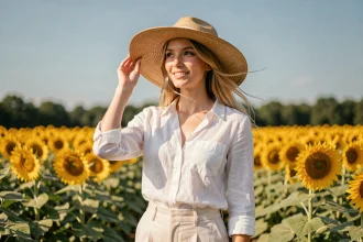 Jeune femme portant un chapeau de paille à larges bords dans un champ de tournesols en été