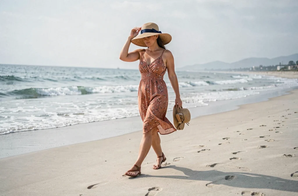 Femme en chapeau de paille se promenant pieds nus sur une plage ensoleillée au bord de la mer