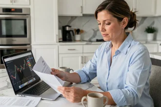Femme consultant des documents de crédit à la consommation à la maison, taux stables en 2024