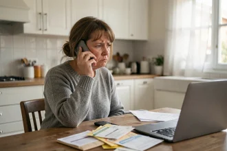 Femme agacée recevant un appel téléphonique indésirable de démarchage à son domicile