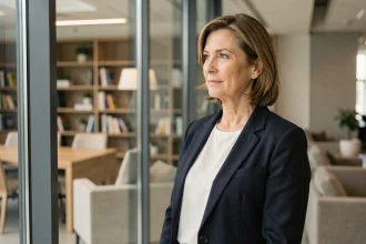 Femme élégante et posée près d'une fenêtre de bureau moderne, symbolisant la frontière entre vie privée et vie publique