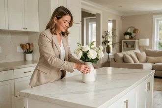 Femme arrangeant des fleurs blanches dans une cuisine épurée lors d'une séance de home staging