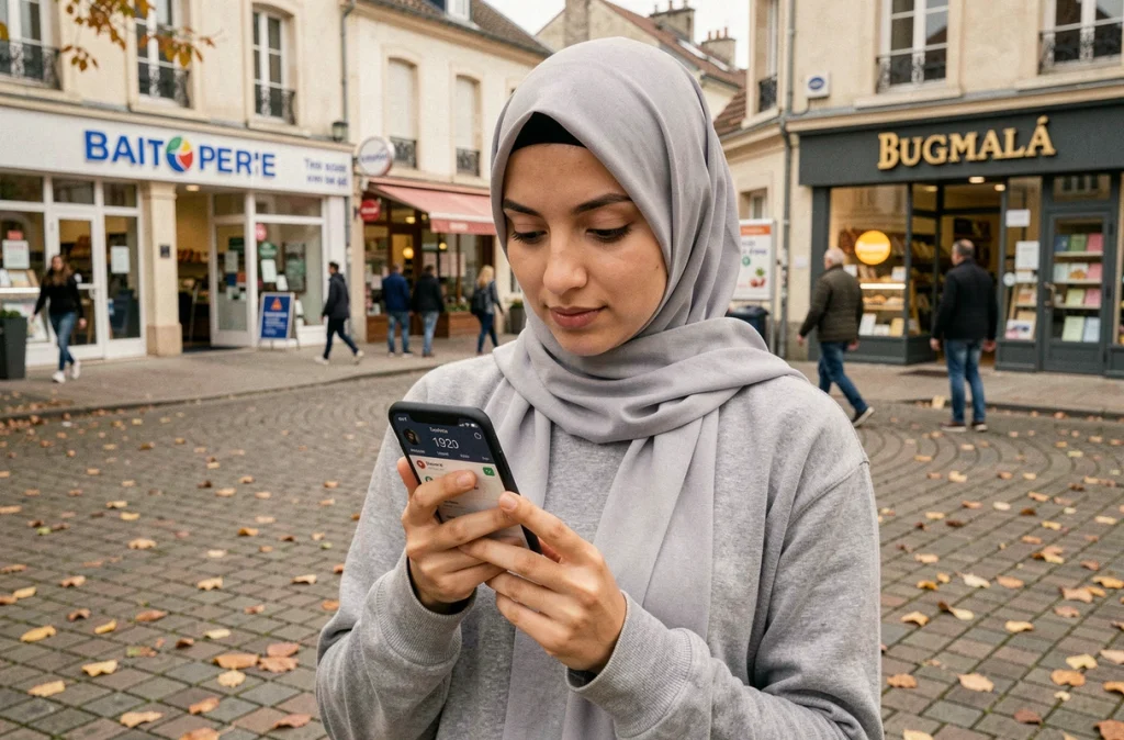 Jeune femme consultant les horaires de prière sur smartphone dans une place publique à Les Mureaux