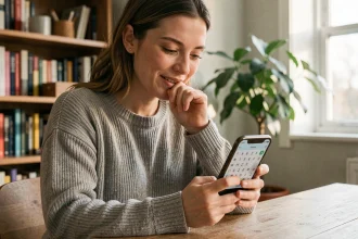 Femme concentrée jouant à 4 Images 1 Mot sur smartphone avec un mot de 9 lettres à trouver