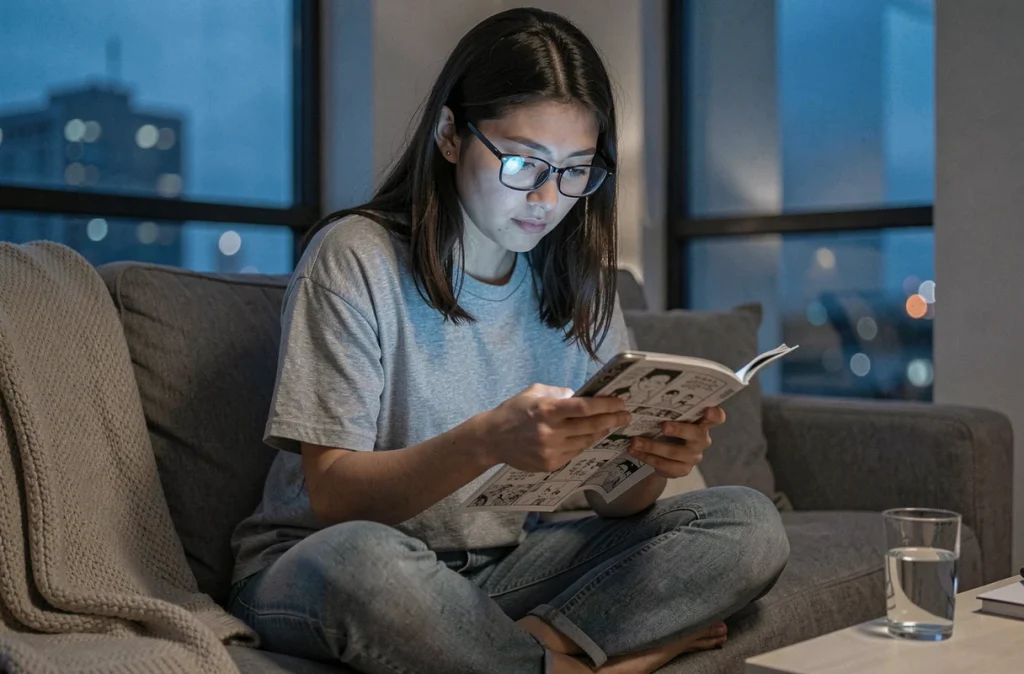 Femme lisant un scan de manga One Piece sur smartphone tard le soir dans un appartement moderne
