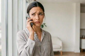 Femme utilisant son téléphone mobile pour accéder à sa messagerie vocale Free dans un appartement moderne