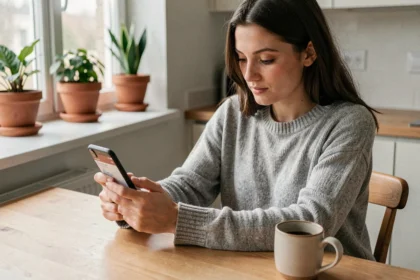 Jeune femme utilisant une application de micro-investissement sur smartphone à la cuisine