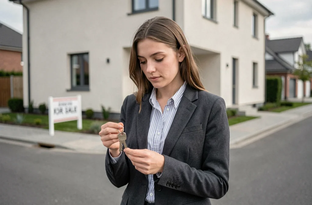 Femme primo-accédante tenant les clés de sa nouvelle maison financée par un prêt à taux zéro