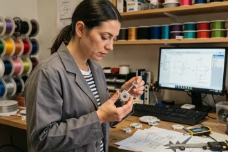 Femme examinant un prototype imprimé en 3D dans un atelier domestique équipé de bobines de filament et d'écrans CAD