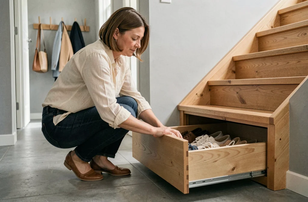 Femme rangeant des chaussures dans un tiroir coulissant sous les marches d'un escalier en bois